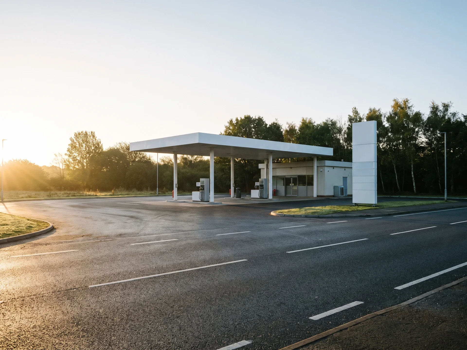 Tankstation ved daggry set på afstand