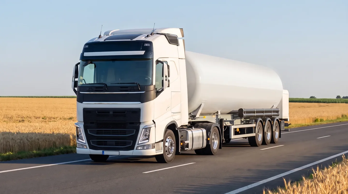 Nuovo trattore stradale bianco con semirimorchio cisterna per LPG su una strada tra campi di grano