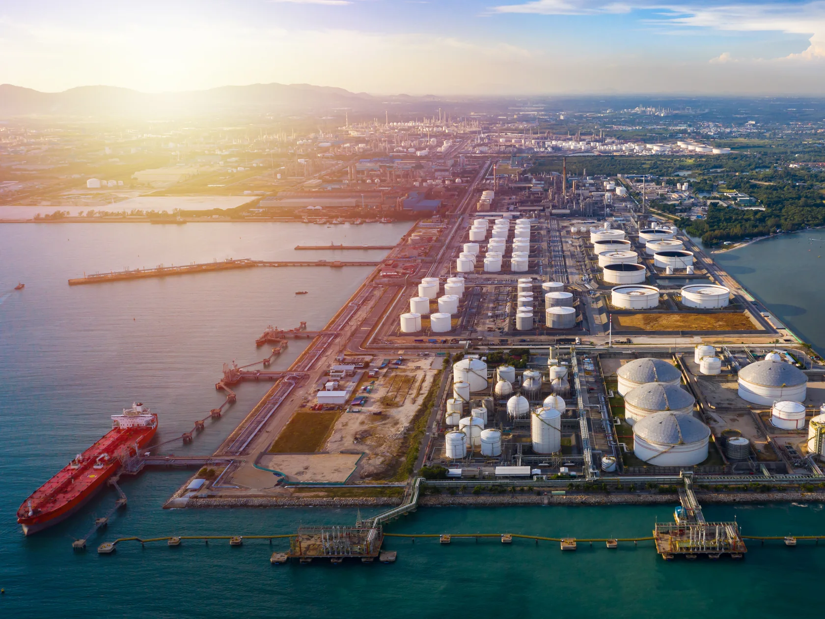 Coastal fuel terminal with a tanker at the quay
