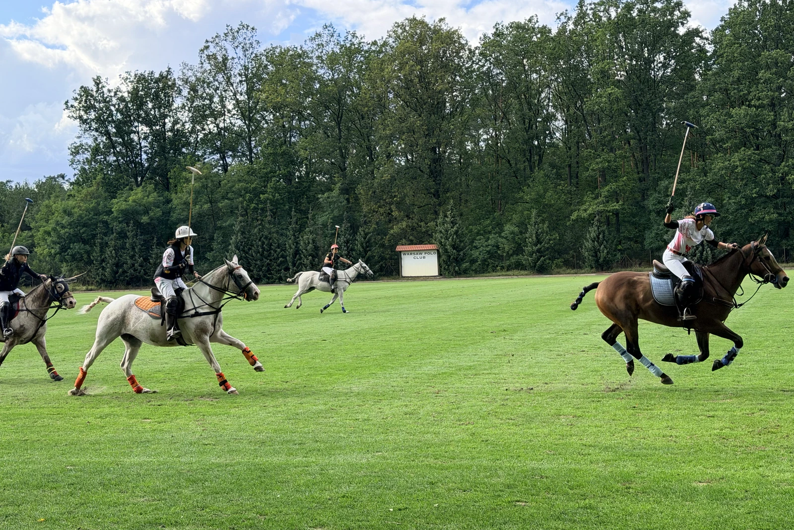 Spillere fra Warsaw Polo Club i galop under polokampen med Danske Gas som protektor