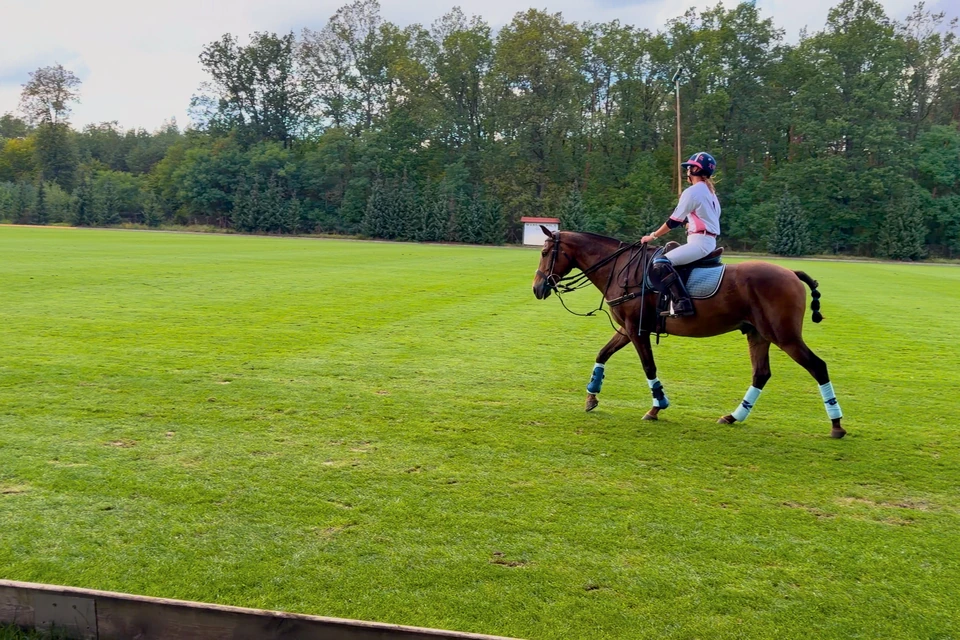 A player on a bay horse trotting along the boundary